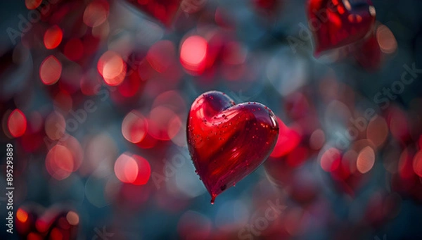 Fototapeta Close-up of a red heart-shaped balloon surrounded by shimmering bokeh lights, creating a romantic and dreamy atmosphere.