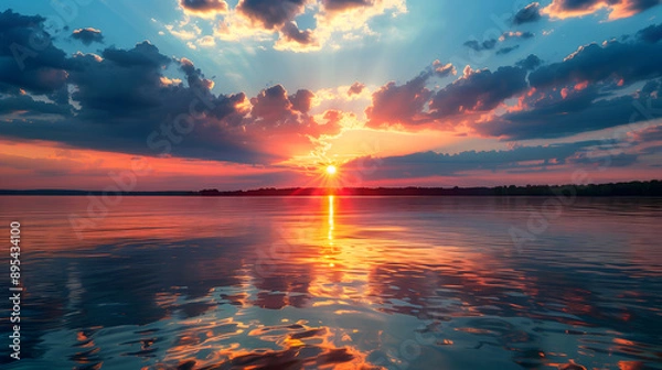 Fototapeta Seascape, The sun behind clouds on sunset sky at the lake.