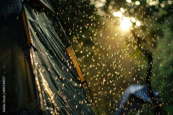 Fototapeta Close up Tent for camping in the wild forest surrounded by rain in summer sun flare , Nature relax wallpaper