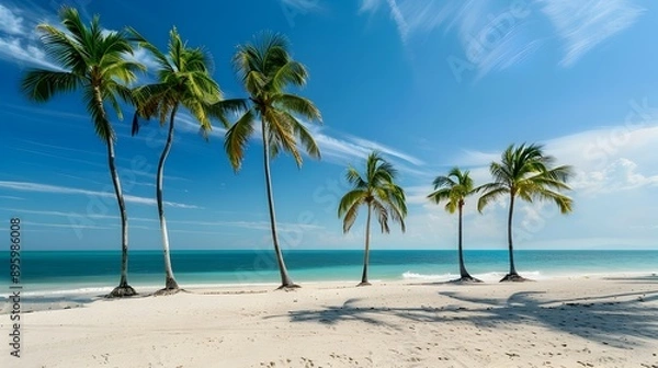 Fototapeta Idyllic tropical beach with swaying palm trees and turquoise ocean