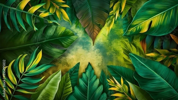 Fototapeta Bright tropical leaves on a textured background, pattern in green tones