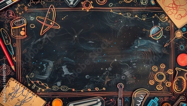 Obraz Chalkboard with science doodles on sides, empty space in the center,watercolor