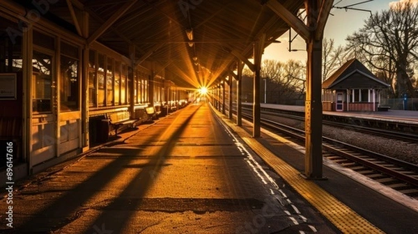 Fototapeta Train station at sunset with long shadows and warm light