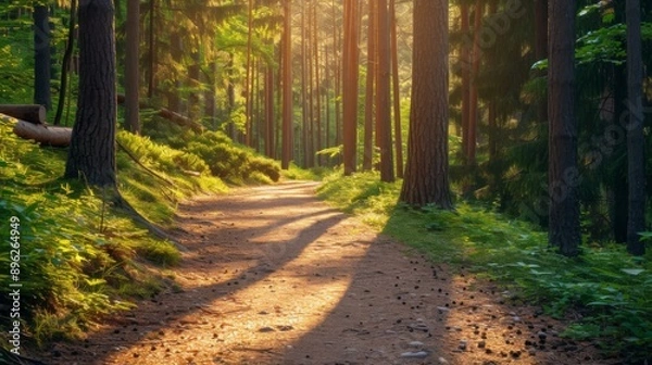 Fototapeta Picturesque nature trail winding through a forest, with dappled sunlight on the path