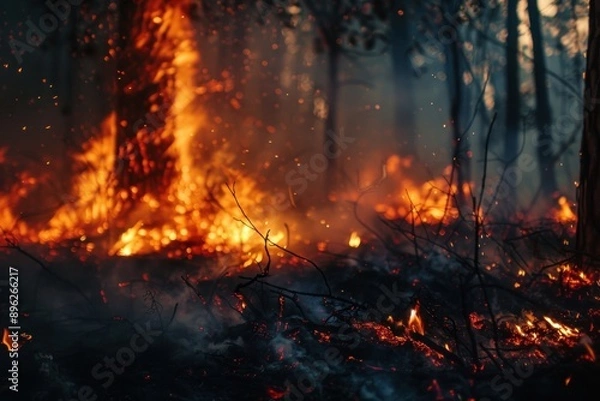 Fototapeta Close up wildfire in forest with big fire flames and smoke