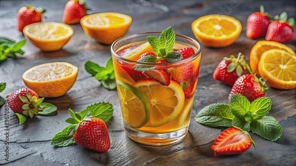 Fototapeta Refreshing mixed fruit beverage with sliced oranges, lemons, strawberries, and mint leaves, refreshing, mixed fruit