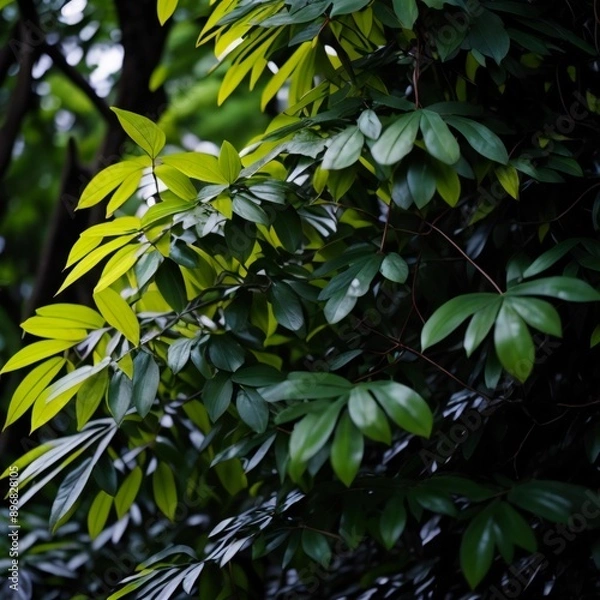 Fototapeta Green leaves in the forest. Selective focus and shallow depth of field. generative ai