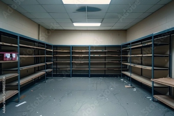 Fototapeta Room with empty shelves, no items present, Empty shelves waiting to be filled with donations