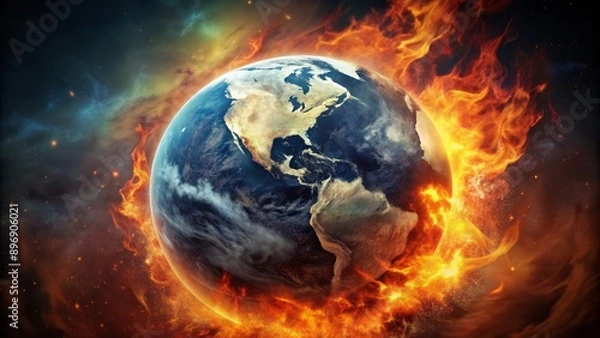 Fototapeta Planet Earth consumed by raging inferno against transparent backdrop symbolizing catastrophic environmental disaster and devastating climate change consequences.