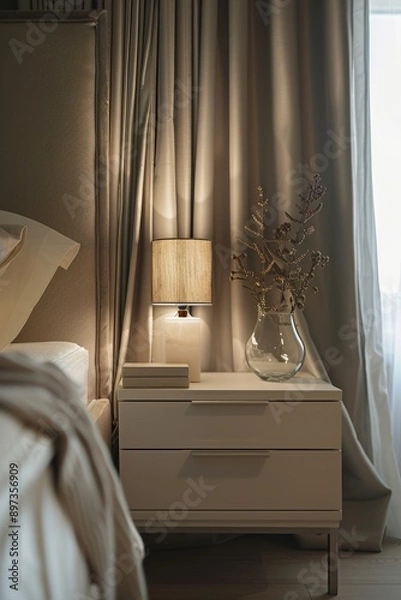 Fototapeta Luxury bedroom interior with bedside table.