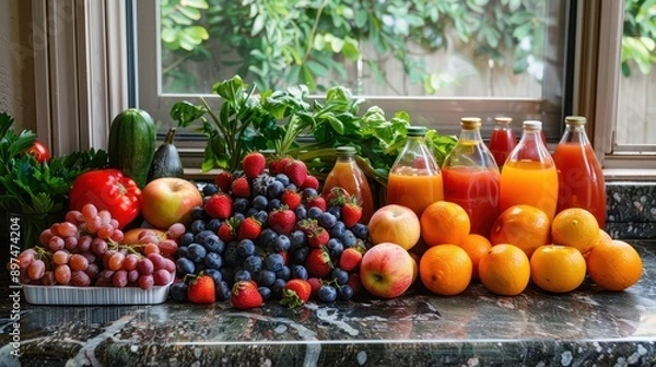 Fototapeta Abundance of Fresh Vegetables and Fruits on Kitchen Counter for Healthy Meal Prep