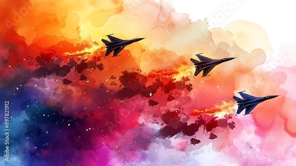 Fototapeta Independence Day, military flyover, jets in formation, watercolor style