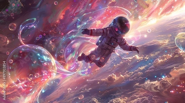 Fototapeta Astronaut floating through space in a dreamlike landscape.