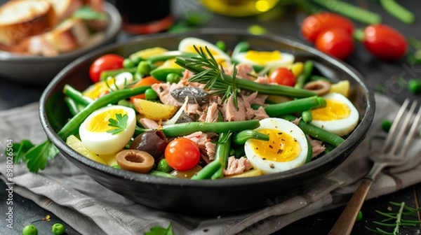 Fototapeta Nicoise Salad in a Bowl | Tuna, Green Beans, Potatoes, Hard-Boiled Eggs, Olives, and Anchovies with Vinaigrette | High-Quality Adobe Stock Photo | Perfect for Menus and Recipes