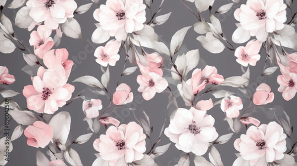 Fototapeta Pink and grey watercolor floral pattern on a gray background, with soft pink flowers in various sizes and shapes scattered across the design. floral line art, floral patterns, seamless patterns