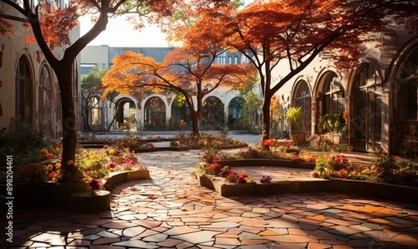 Fototapeta Courtyard With Trees and Flowers