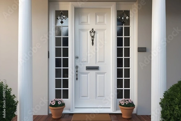 Fototapeta White front door with small square decorative windows and flower pots