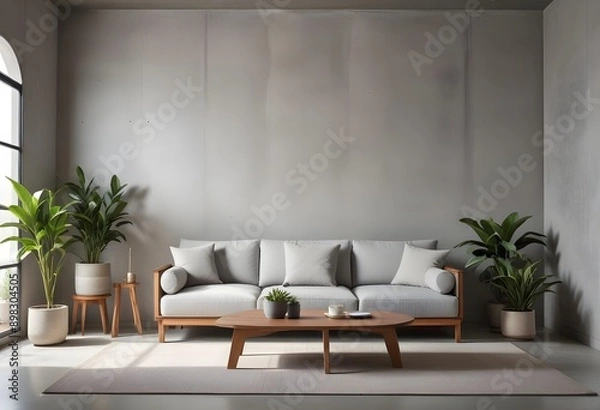 Fototapeta Frame mockup, ISO A paper size. Modern interior design. Living room Interior mockup with house background. 3D render