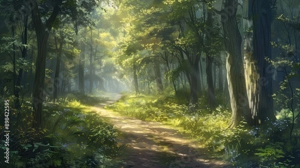 Fototapeta A quiet woodland path meandering through a dense forest, sunlight filtering through the canopy, inviting a sense of peace and rejuvenation.