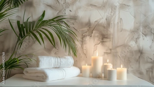 Obraz Spa salon aroma relaxation concept. Beauty day with rolled towels, lit candles, leaves and flowers, smooth massage stone pebbles. Wellness peaceful therapy background with copyspace