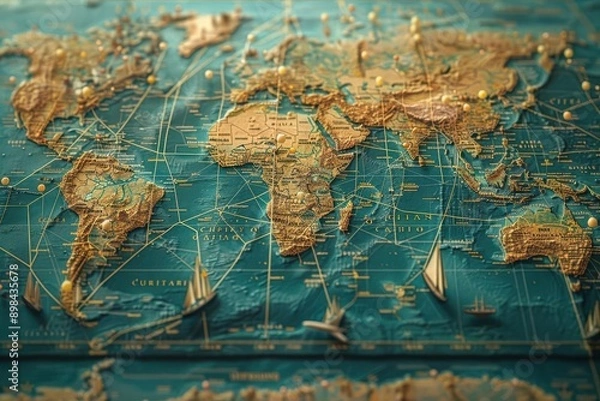 Fototapeta A vintage world map with gold lines depicting trade routes, continents, and oceans.  The map is displayed on a blue background.