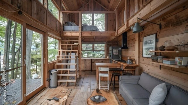 Fototapeta A cozy and modern wooden cabin interior featuring a lofted bedroom, open living space, and large windows that bring in natural light, ideal for a serene getaway or vacation rental setting. 