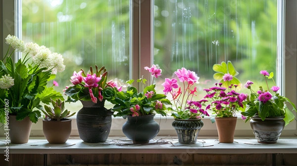 Fototapeta Different beautiful potted flowers on windowsill indoors ,Flowers on a window board in the old rural house ,Bouquet of artificial flowers in a window to look through the window relaxation concept