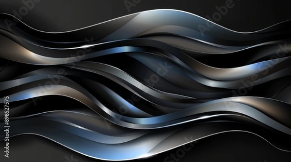 Fototapeta Abstract metallic blue and silver waves flowing on a dark background