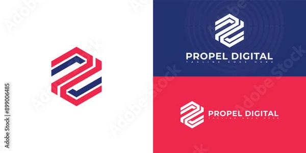 Fototapeta Abstract hexagon initial letter PD or DP in red-blue color isolated on multiple background colors. The logo is suitable for modern marketing agency logo design inspiration templates.