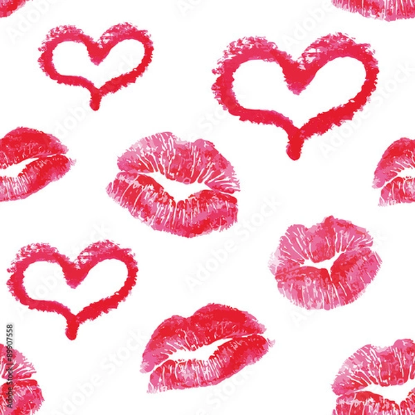 Fototapeta Seamless pattern - red lips kisses prints background