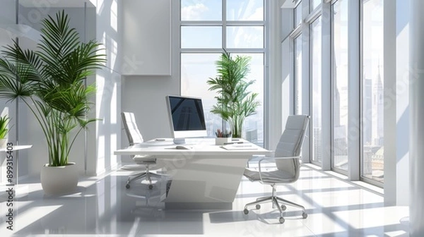 Fototapeta Modern White Office Interior with City View