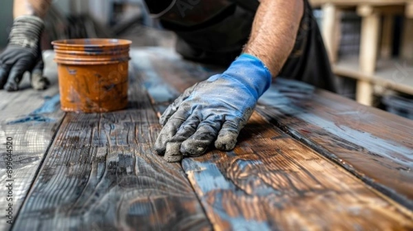 Obraz Craftsman applying finish to rustic wood surface, showcasing skill in woodworking and attention to detail.