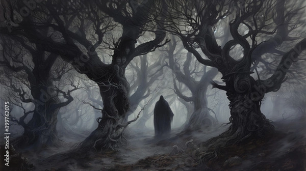 Obraz A painting of a dark, foggy forest with twisted trees and branches resembling outstretched hands