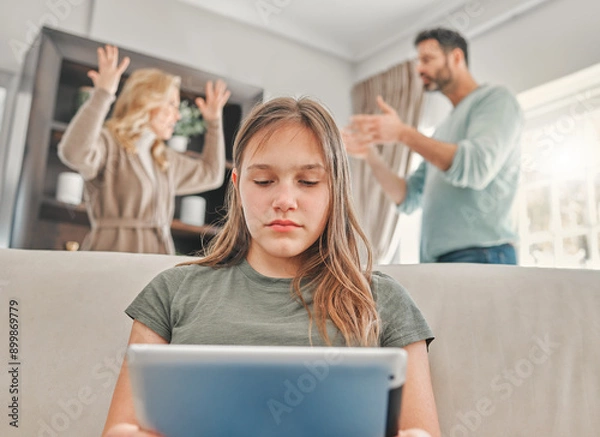 Fototapeta Child, tablet and parents fighting in home, people argument and toxic family with girl on sofa for internet distraction. Mental health, communication and virtual contact for help, girl and trauma