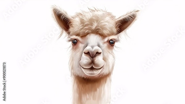 Fototapeta Smiling Alpaca Portrait:  A charming and fluffy alpaca stares directly at the camera with a subtle smile, showcasing its soft fur and gentle eyes.  A perfect image for animal lovers