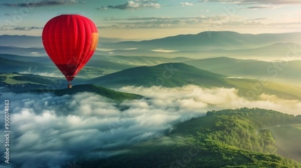 Fototapeta red balloon flying on sky with beautiful mountain for background