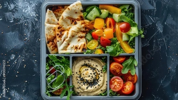 Fototapeta Lunch box with Mediterranean salad, hummus, and pita, healthy food, lunch box