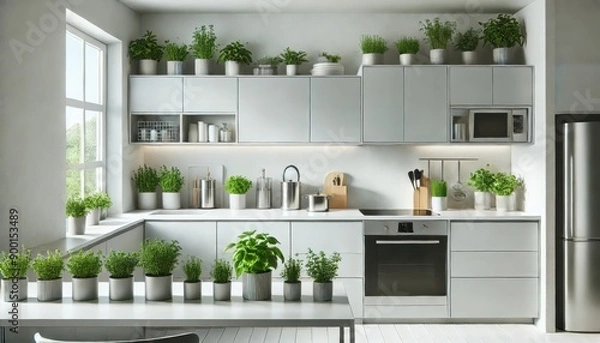 Fototapeta Modern Kitchen Interior Design with Green Plants and White Cabinets.