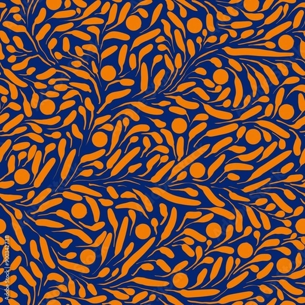 Fototapeta Seamless abstract floral pattern. Blue, orange. Illustration. Botanical texture. Leaves, berries texture. Design for textile fabrics, wrapping paper, background, wallpaper, cover.