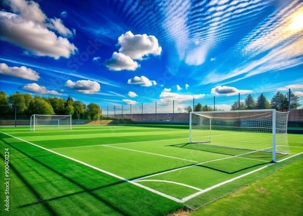 Fototapeta Vibrant green soccer field with white lines, goals, and nets, ready for a kids' match, surrounded by empty bleachers under a sunny blue sky.