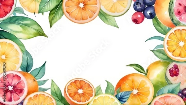 Fototapeta Abstract colorful watercolor summer fruits illustration background. Sweet fresh and healthy citrus food plant diet, delicious tropical art. Banner, empty space, place for text in the middle.