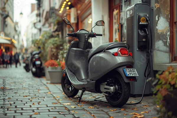 Fototapeta Electric motorbike hooked up to charging station in city street, sustainable green energy, copy space