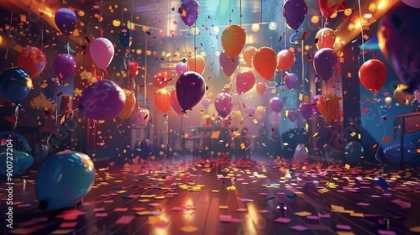 Fototapeta Party image of balloons and confetti in room with lights and reflections