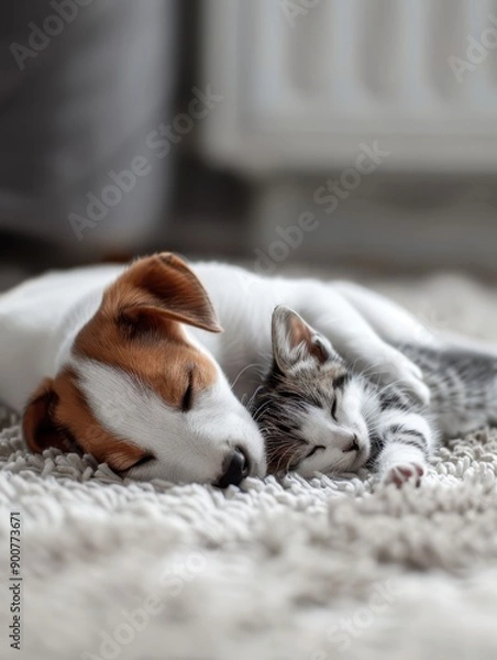 Fototapeta a dog and a cat laying on a carpet