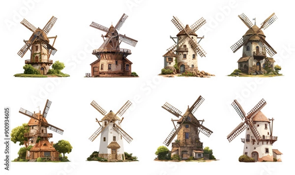 Fototapeta Windmills set. stone and wooden wind mills. Farm buildings for grinding wheat grains. Countryside architecture Isolated vector clipart set