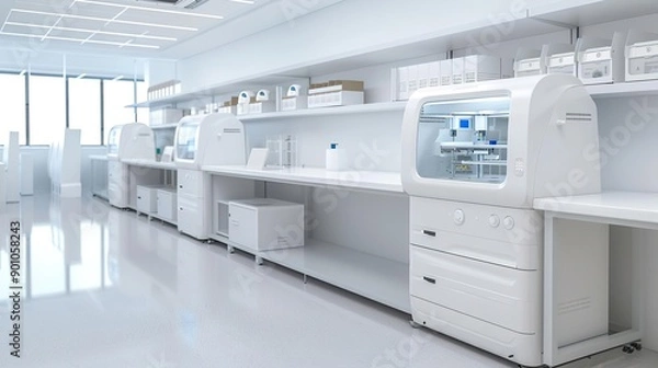 Fototapeta Modern sterile laboratory with scientific equipment and white walls,  Business concept.