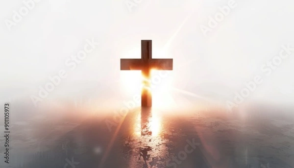 Fototapeta A stunning silhouette of a cross illuminated by radiant light, symbolizing hope and spiritual renewal.