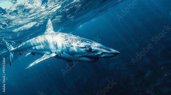 Fototapeta A stunning digital illustration of a great white shark swimming gracefully in the blue ocean, showcasing its powerful jaws, sharp teeth, and sleek body.