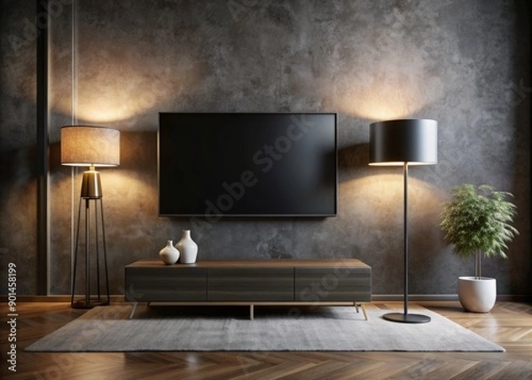 Fototapeta Modern living room interior with sleek floor lamp beside a mounted large screen television on the wall, showcasing a blank dark display against a minimalist backdrop.