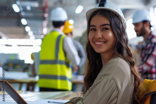 Fototapeta An architect and her team in an office designing a project or development. Young female engineer, architect, or designer planning on tablet